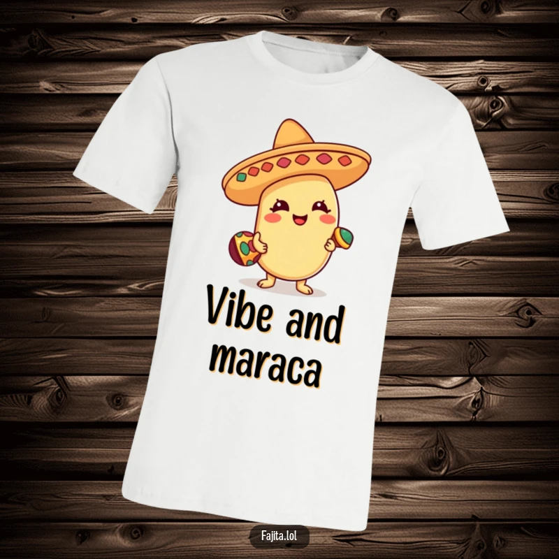 Funny T-Shirt showcasing a joyful bean character wearing a sombrero and shaking a tiny maraca, embodying pure celebratory energy.