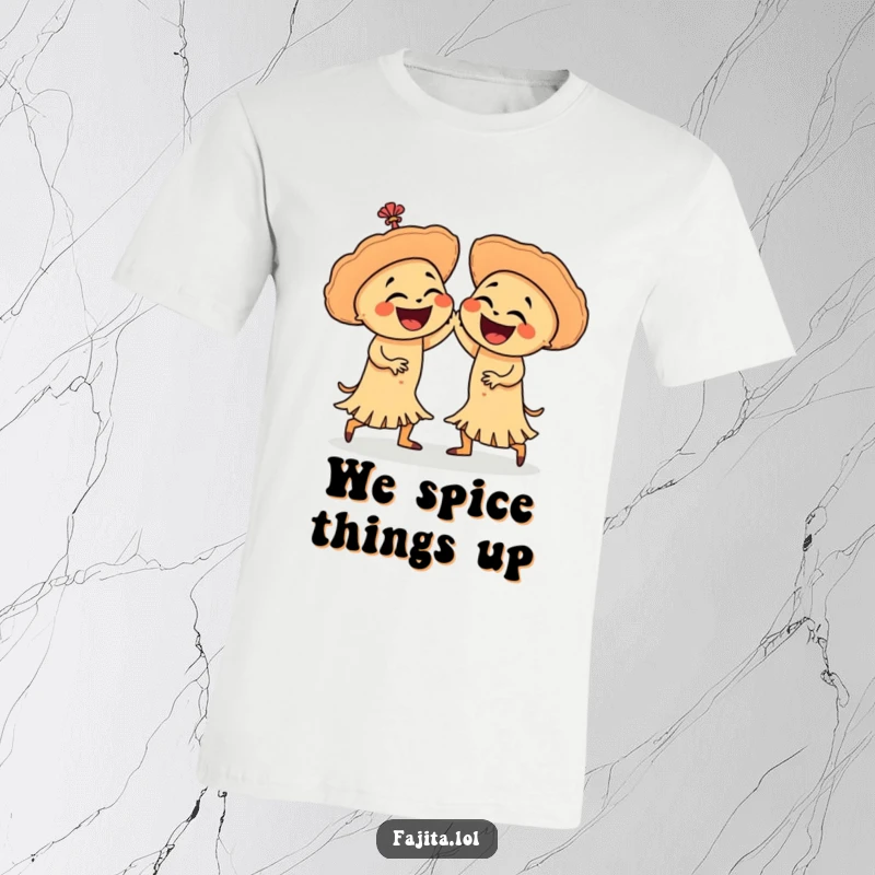 Funny t-shirt with two laughing fajitas performing a playful salsa dance, radiating pure joy and culinary celebration for ultimate casual wear.