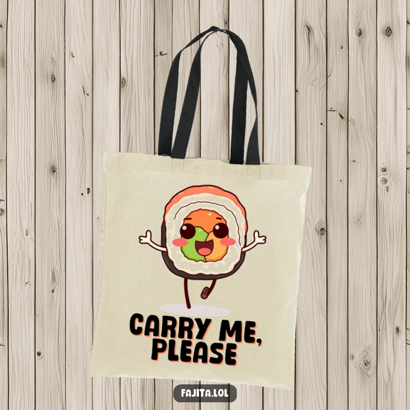 Funny tote bag showcasing a delighted sushi roll with soy sauce legs, doing a happy little hop during errands.
