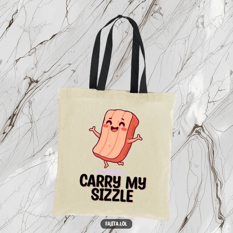Funny tote bag showcasing a smiling strip of grilled meat doing a cheerful shimmy, a vibrant and humorous accessory.