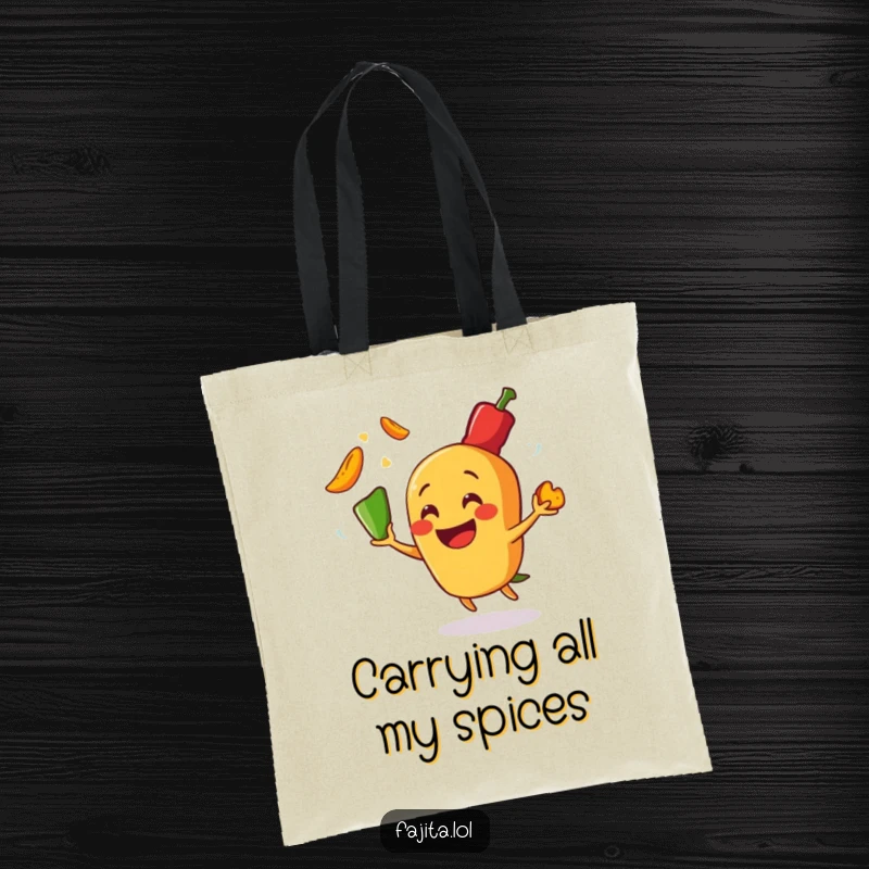 Funny tote bag illustrating a happy fajita character juggling multiple hot pepper slices, a vibrant and humorous design for everyday use.
