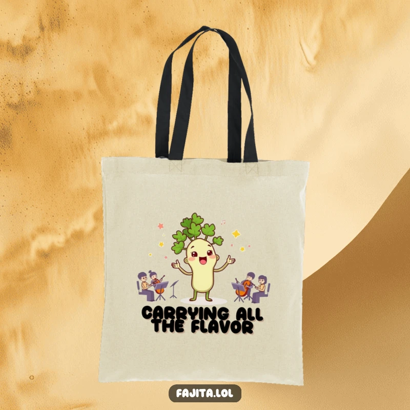 Funny tote bag illustrating a happy cilantro sprig character conducting an orchestra of spices, perfect for market trips.