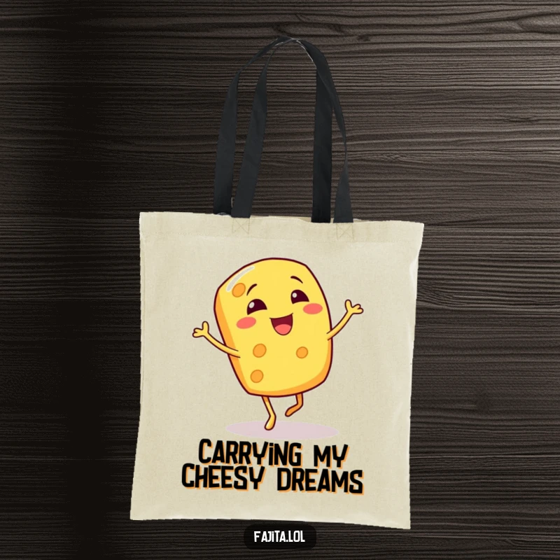 Funny tote bag with a smiling, giggling cheese shred character performing an energetic bouncy jig, ready for adventure.