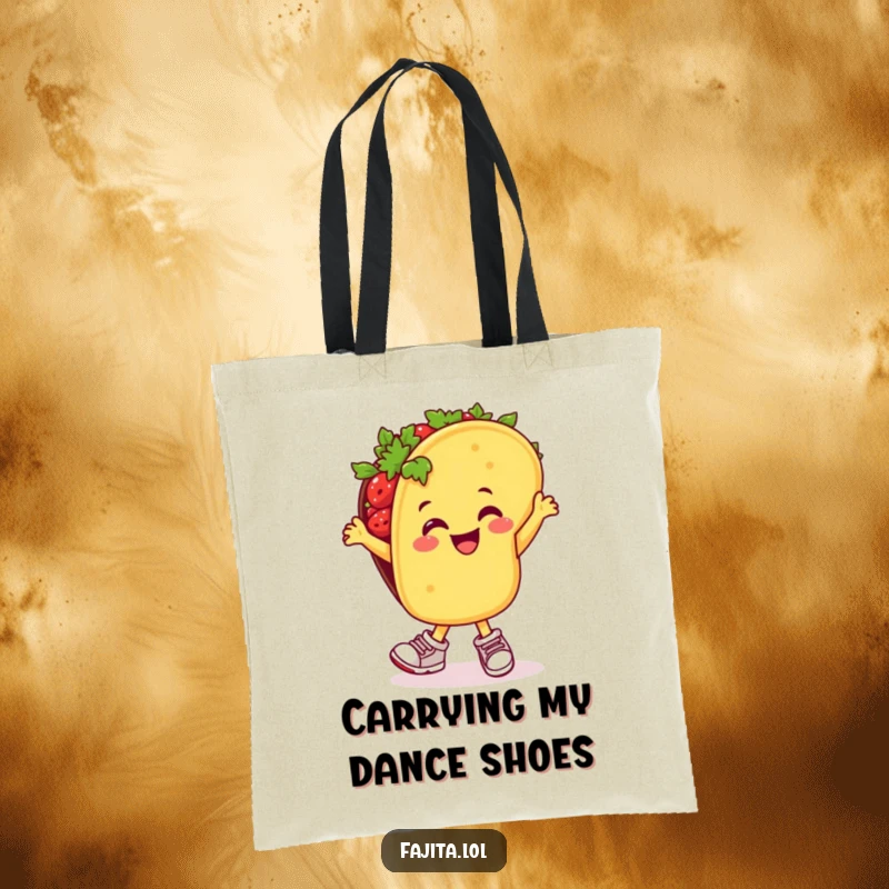 Funny tote bag featuring a taco in sneakers doing a happy salsa dance, perfect for grocery runs or daily adventures.