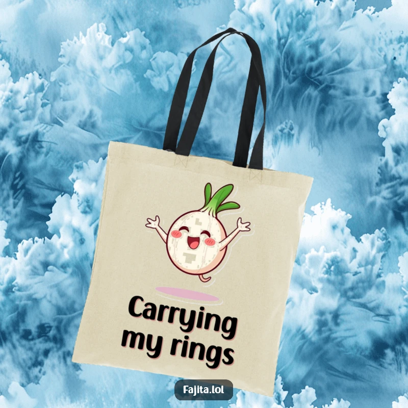 Funny tote bag illustration of an excited onion ring character performing a cartwheel, great for everyday use.
