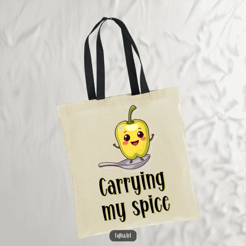 Funny Tote Bag showcasing a smiling pepper slice character balancing on a tiny spoon, perfect for carrying items with witty flair.