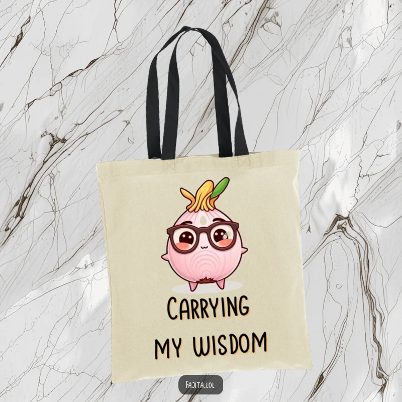 Funny tote bag featuring a studious fajita onion slice wearing reading glasses, perfect for carrying items with intellectual comedic flair.