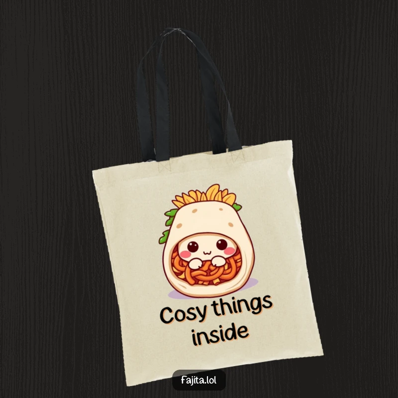 Funny tote bag illustration of a happy fajita burrito character rolling into a snug position, great for everyday use.