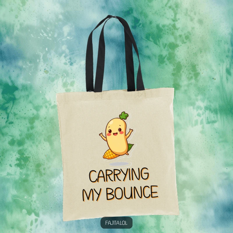 Funny Fajita Bean Character Tote Bag illustrating a happy bounce on a corn kernel, great for groceries and a dose of fun.
