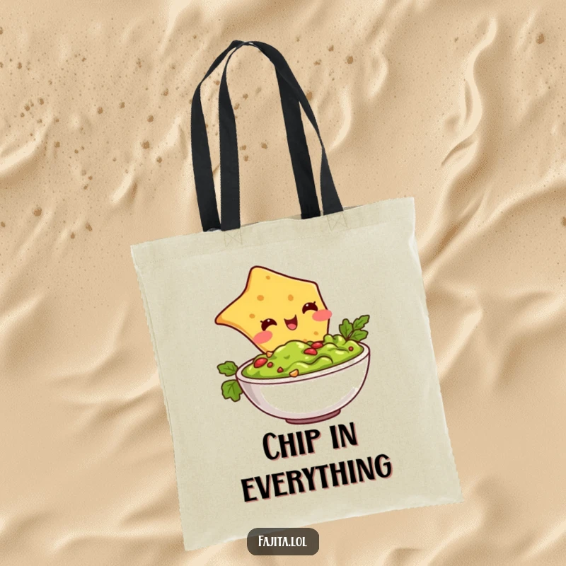 Funny tote bag design of a plump tortilla chip happily diving into a bowl of guacamole, ideal for carrying goodies.