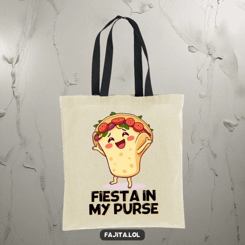 Funny tote bag illustrates a smiling fajita in a tortilla shell performing a joyful salsa dance, perfect for grocery runs.