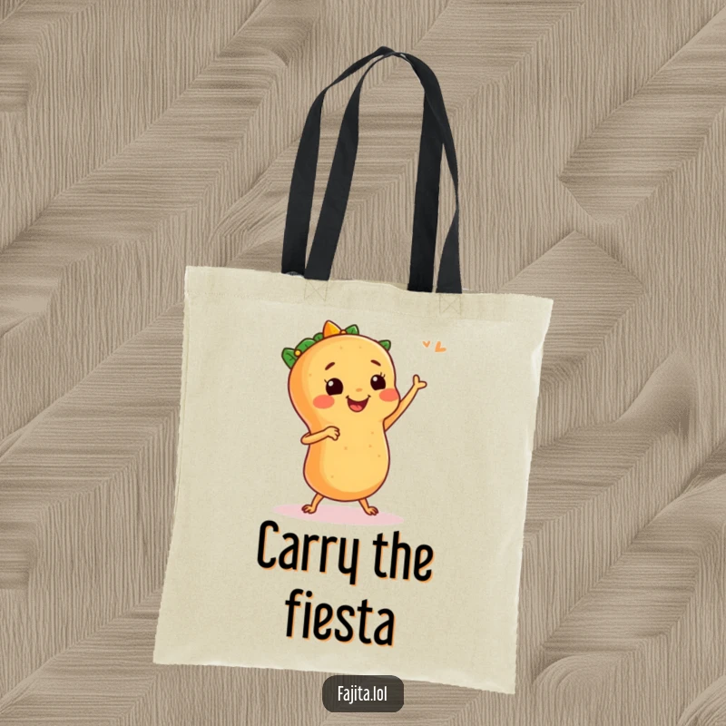 Funny tote bag featuring a smiling fajita with legs doing a salsa dance, perfect for carrying groceries with a side of humor.