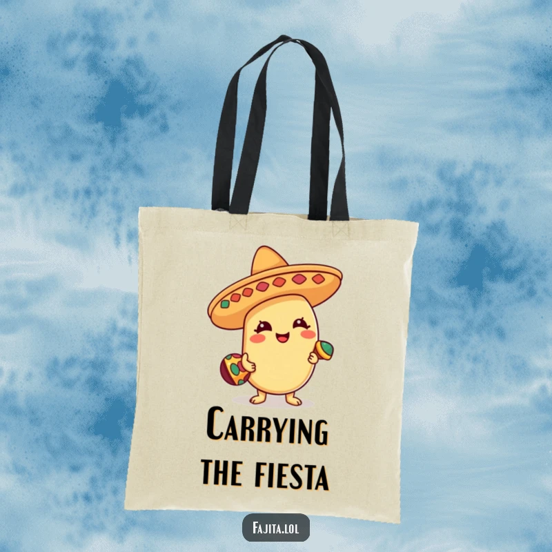 Funny Tote Bag displaying a happy bean character in a sombrero, energetically playing a tiny maraca, perfect for carrying essentials with flair.