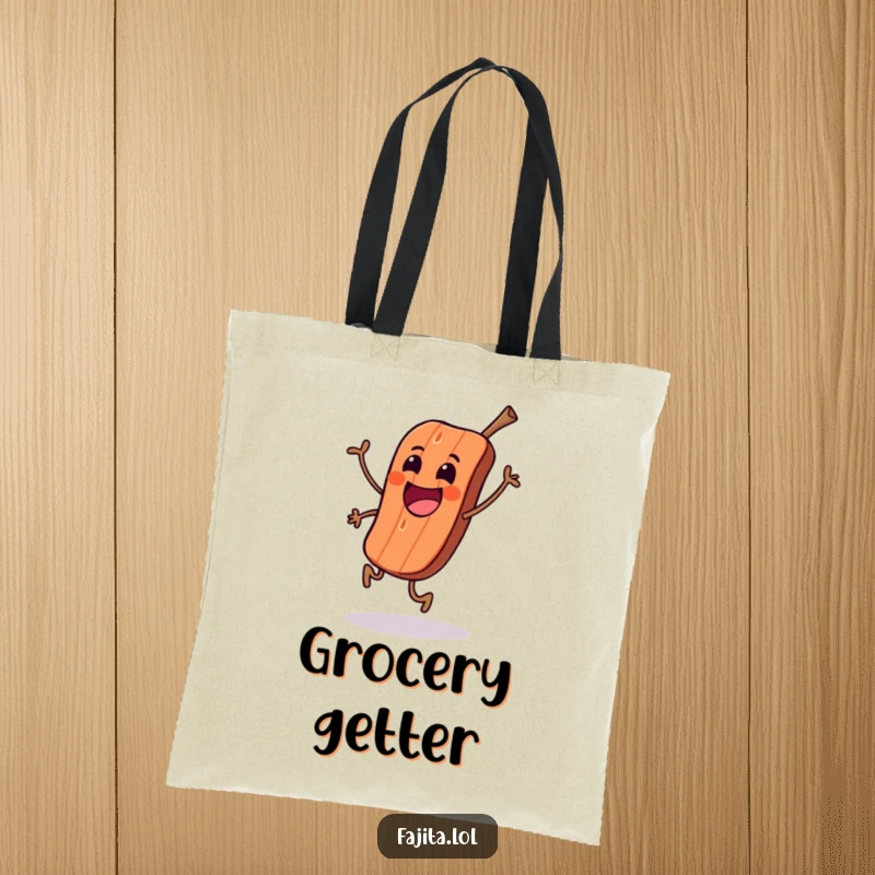 Funny tote bag with an excited grilled meat character doing a happy skip, ready for any adventure.
