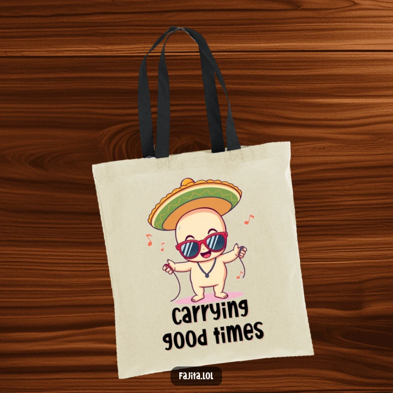 Funny tote bag featuring a delighted sombrero character with sunglasses, grooving to music, perfect for carrying essentials with party style.
