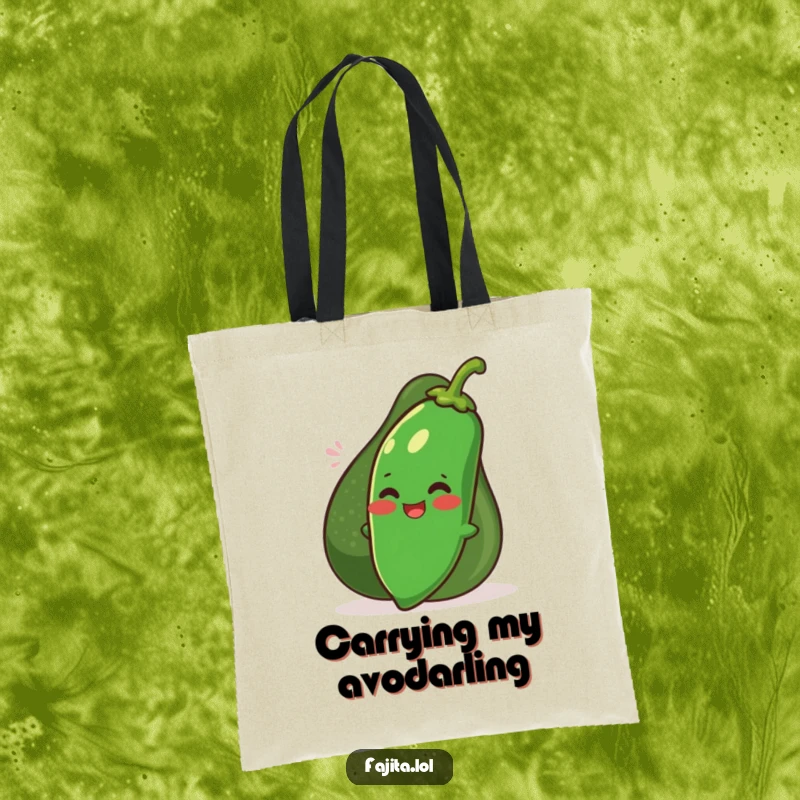 Funny giggling jalapeno character hiding behind a smiling avocado on a tote bag, a practical and humorous accessory.