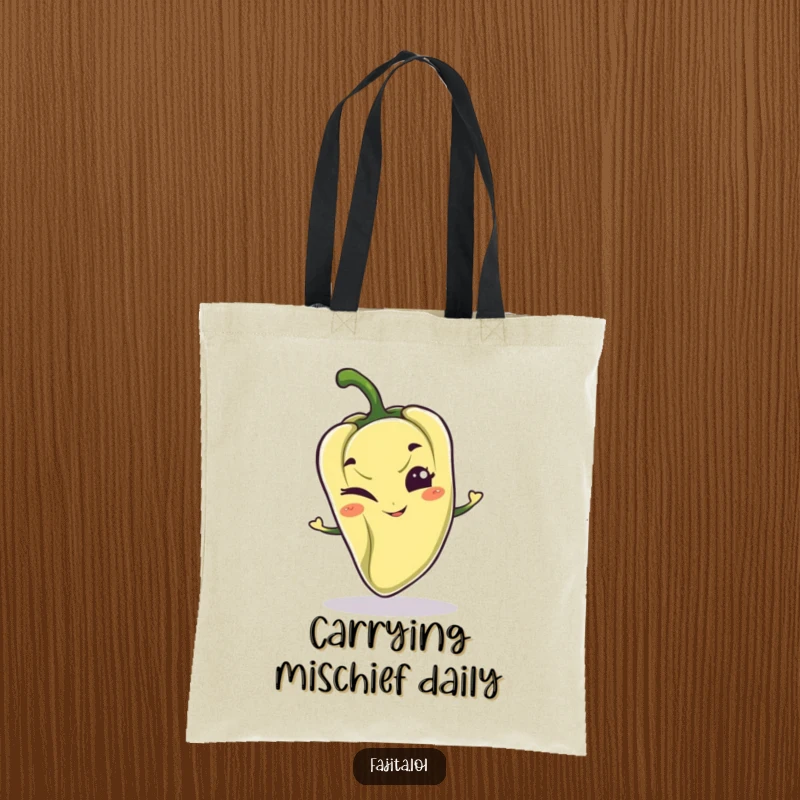 Funny tote bag featuring a playful pepper character with a mischievous grin and a wink, perfect for carrying items with a cheeky flair.