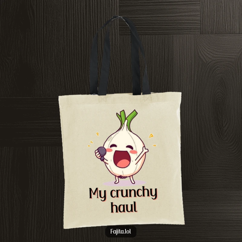Funny tote bag showcasing an excited onion ring character performing a comically dramatic mic drop, a humorous accessory.