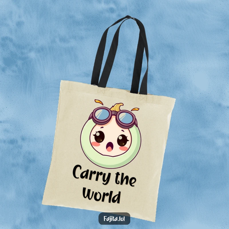 Funny tote bag with a surprised onion ring character in oversized, goofy goggles, great for carrying essentials with humor.