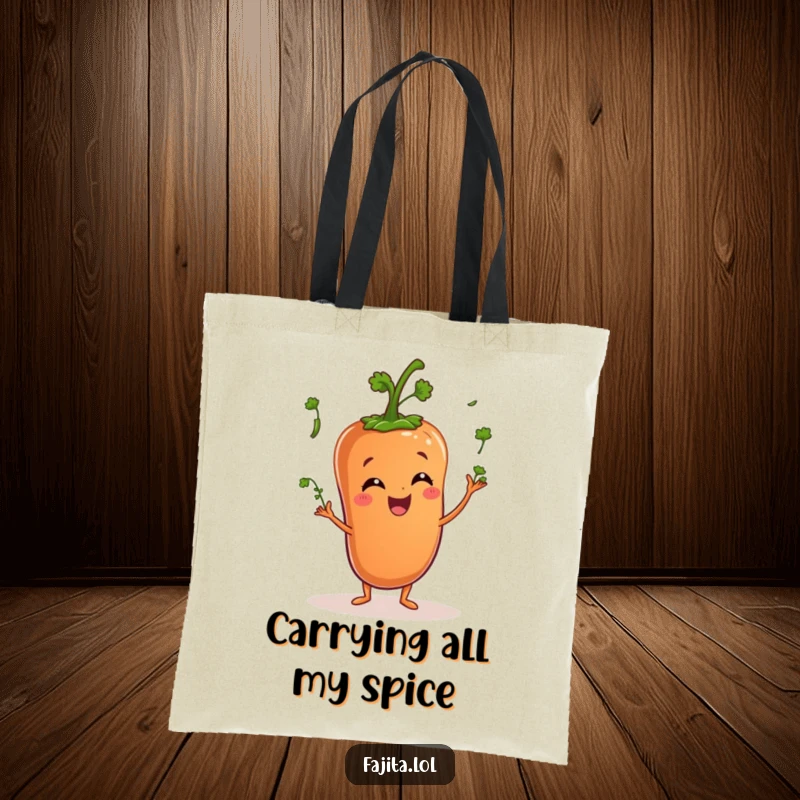 Funny tote bag shows a happy pepper character juggling tiny cilantro sprigs, perfect for farmers market trips.
