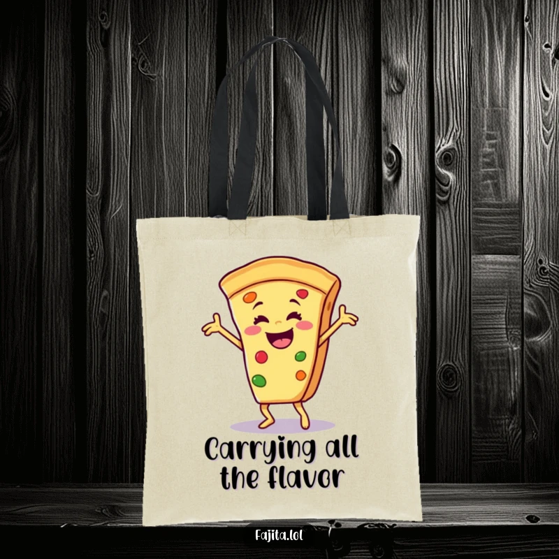Funny tote bag with a smiling fajita slice in a triumphant salsa dance pose, celebrating food and fun with vibrant energy.