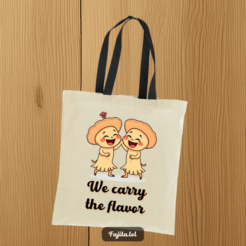 Funny tote bag with two laughing fajitas in a salsa dance, offering a humorous and practical way to carry items with a fiesta flair.