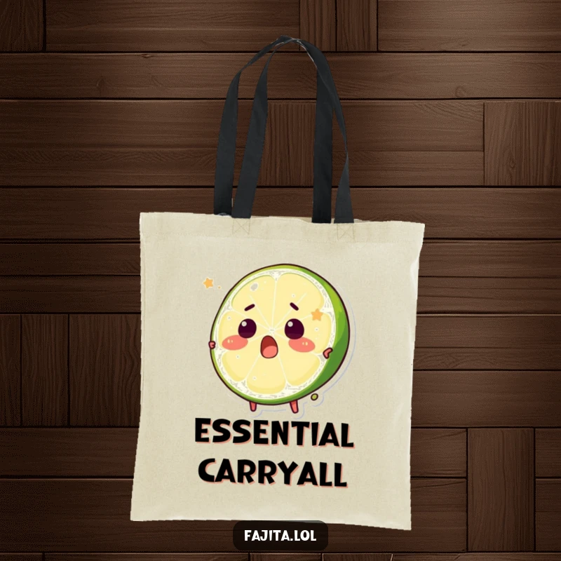 Funny tote bag with a surprised lime wedge character comically being squeezed, ready for shopping trips.