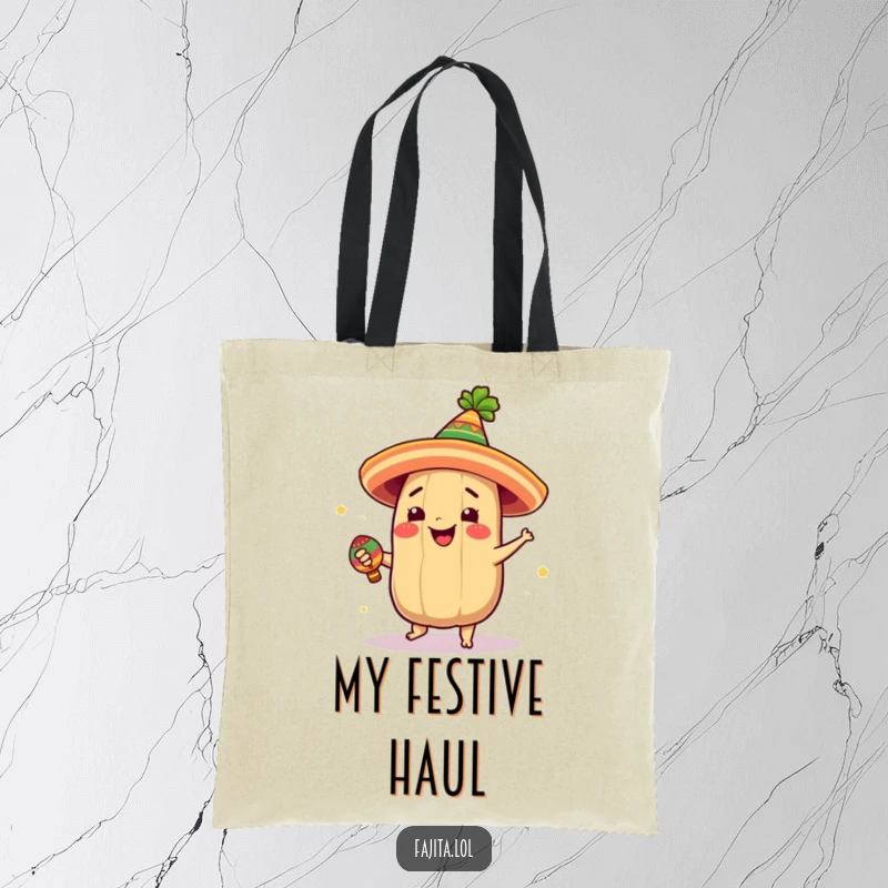 Funny tote bag featuring a giddy tamale in a festive hat, spinning joyfully with a maraca, ready for adventures.
