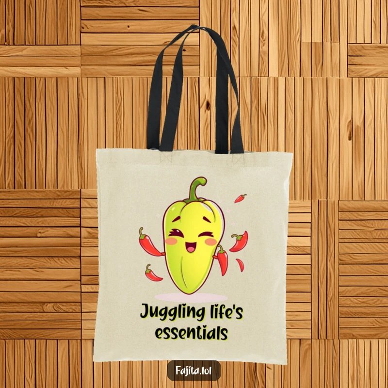 Funny tote bag featuring a fajita pepper winking playfully while juggling small chili peppers, perfect for carrying items with comedic flair.