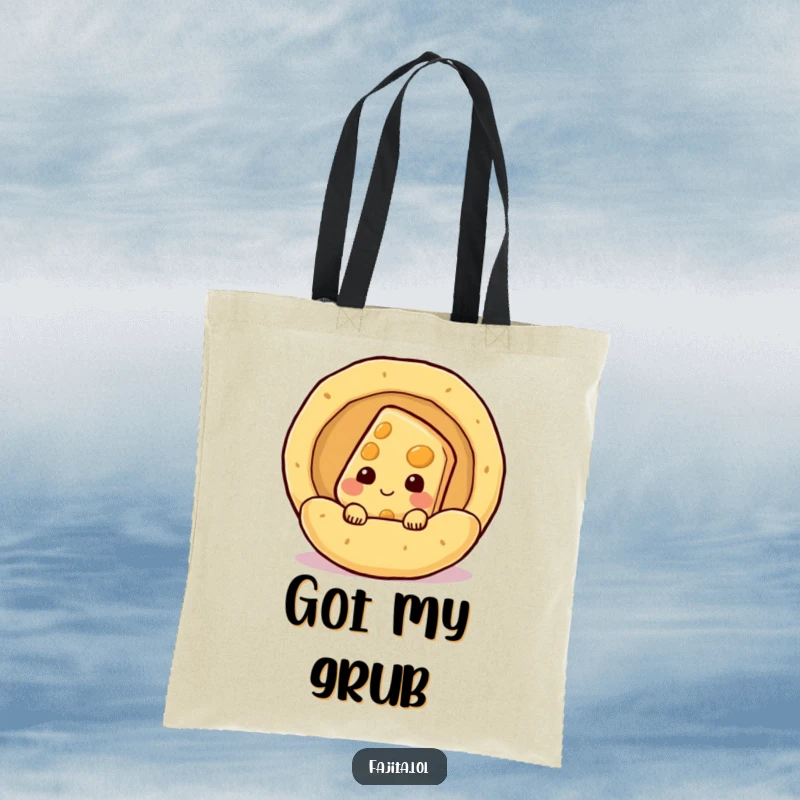 Funny shy cheese slice character peeking from a steaming tortilla on a tote bag, a humorous and practical accessory.
