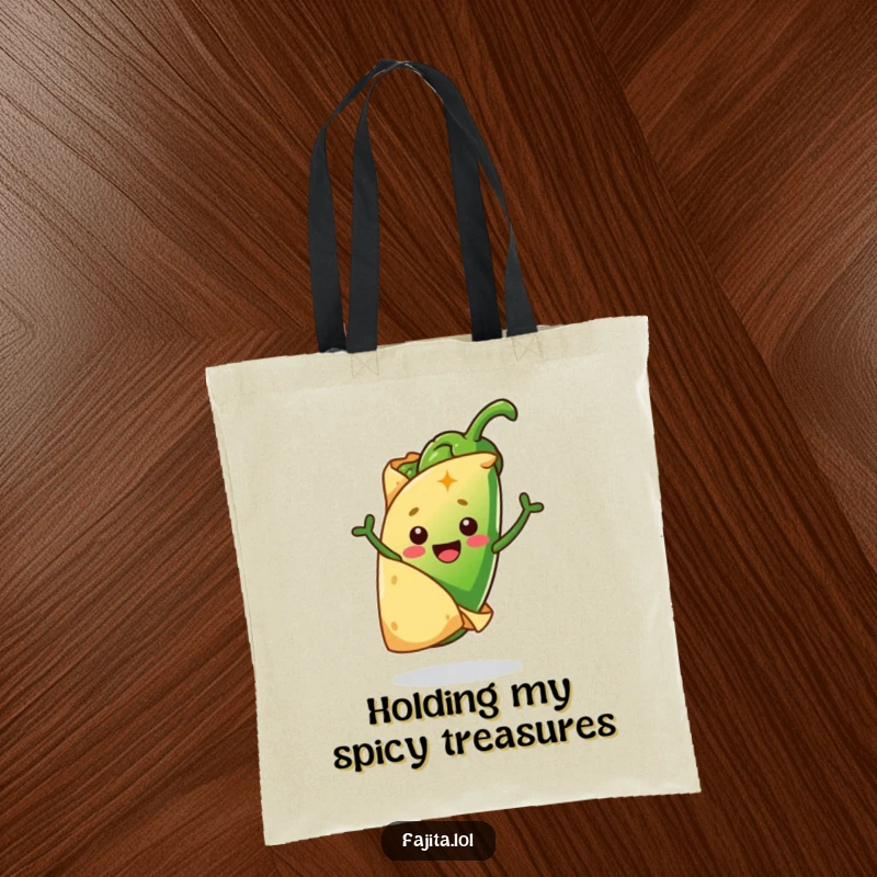 Funny tote bag featuring a cheerful tortilla hugging a jumping jalapeño, perfect for carrying groceries with a spicy, comedic flair.