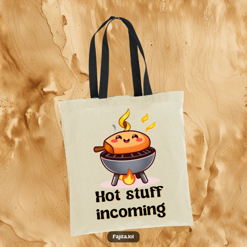 Funny Fajita Tote Bag: A fajita sizzling happily on a mini grill with small flames, ready to carry your items.