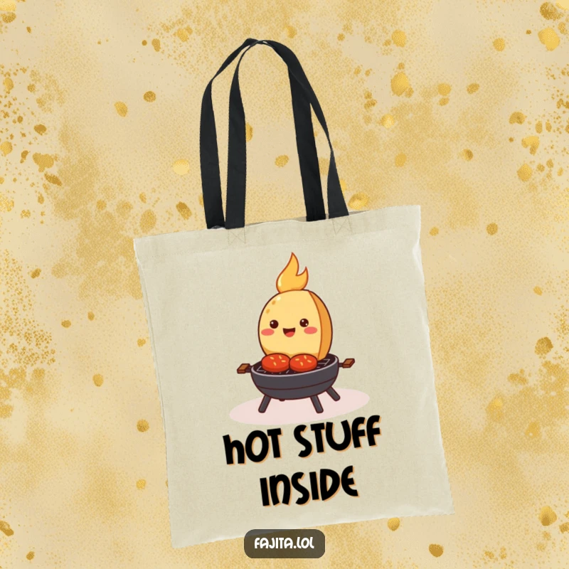 Funny tote bag featuring a smiling fajita happily sizzling on a tiny cartoon grill, a practical and humorous accessory for errands.