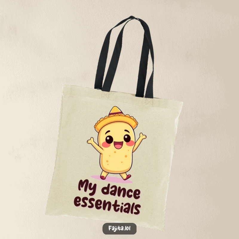 Funny tote bag featuring a smiling burrito in a sombrero, dancing salsa with enthusiasm, ready for errands.