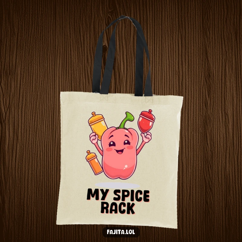 Funny tote bag showcasing a cheerful bell pepper character juggling three colorful spice shakers, a vibrant and playful accessory.