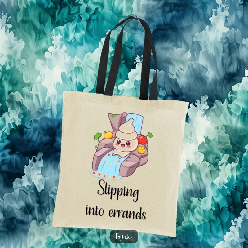 Funny Sour Cream Tote Bag: A sour cream dollop character gleefully sliding down a salsa waterfall, ready for any outing.