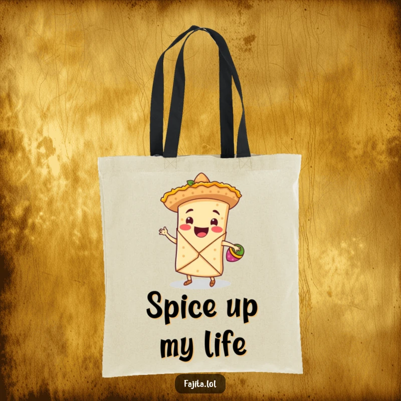 Funny tote bag featuring a smiling fajita wrap, tiny sombrero, and maracas, ready for a lively fiesta dance.